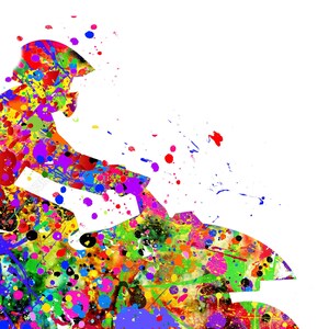 May include: A colorful abstract silhouette of a person riding an ATV, with splashes of paint in various colors, including red, blue, green, yellow, and purple.