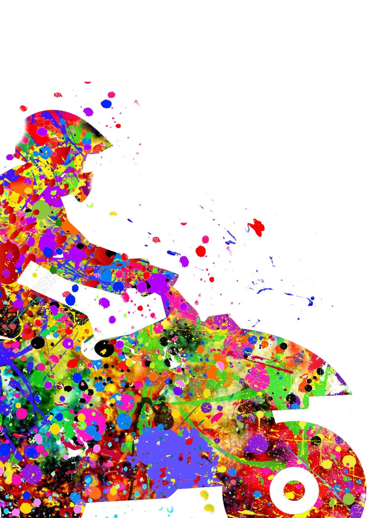 May include: A colorful abstract silhouette of a person riding an ATV, with splashes of paint in various colors, including red, blue, green, yellow, and purple.