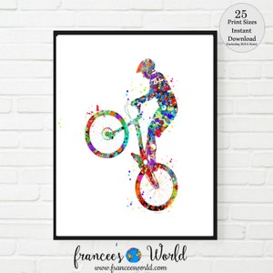 Trial Cyclist Print trial Bike Printable, BMX, Motorbike Watercolor, Mountain Bike boy room art, Trial Cycle gift ,Sport Bike Stunt Racing