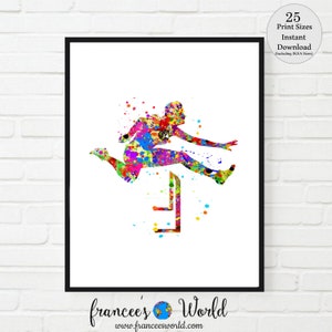 May include: A colorful watercolor painting of a person jumping over a hurdle. The painting is done in a variety of bright colors, including red, orange, yellow, green, blue, purple, and pink. The person is in mid-air, and the hurdle is in the foreground. The background is white.