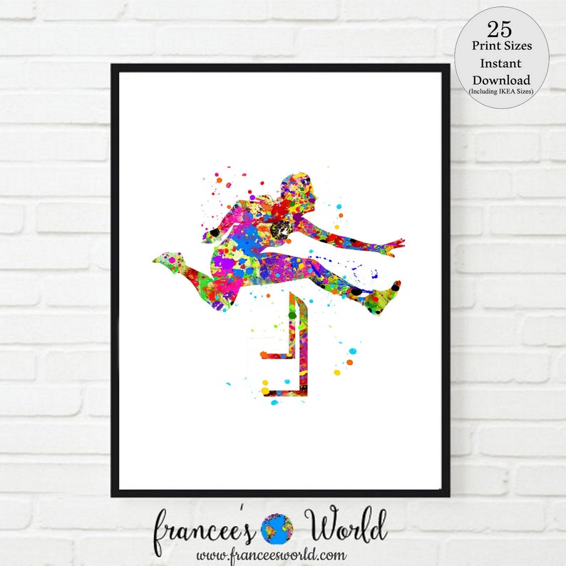 May include: A colorful watercolor painting of a person jumping over a hurdle. The painting is done in a variety of bright colors, including red, orange, yellow, green, blue, purple, and pink. The person is in mid-air, and the hurdle is in the foreground. The background is white.