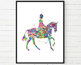 May include: A colourful watercolour painting of a person riding a horse. The painting is done in a splatter style with a variety of colours, including red, blue, green, yellow, and purple.
