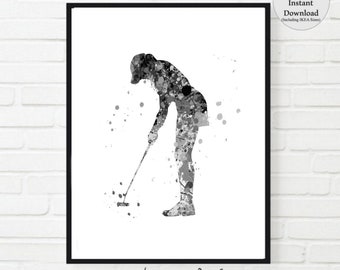 Black and White Female Golfer Print: Watercolor Dorm Decor (Digital Download) Monochrome decor