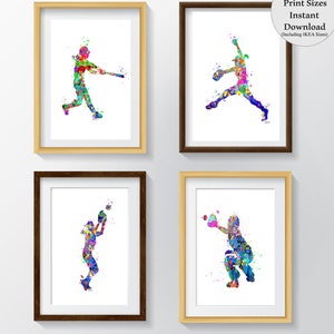 Softball PRINTABLE Watercolor Softball Prints,4 Softball prints,teen gift idea Art, Softball Art, Softball Decor, Softball Sport Artwall art image 1