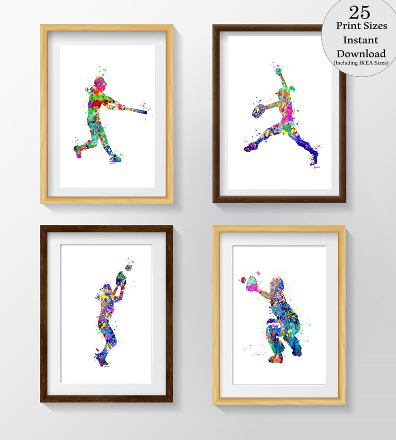 Softball PRINTABLE Watercolor Softball Prints,4 Softball prints,teen gift idea Art, Softball Art, Softball Decor, Softball Sport Artwall art image 1