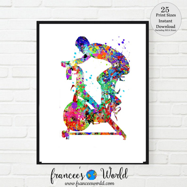 Peut inclure: Une peinture aquarelle color&eacute;e d'une personne faisant du v&eacute;lo d'appartement. La peinture est r&eacute;alis&eacute;e dans un style &eacute;claboussure avec des couleurs vives comme le rouge, le jaune, le bleu, le vert et le violet.
