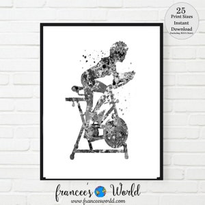 Workout bike Print black and white afro woman bicycle stationary bike PRINTABLE workout room art gym art bike woman home gym art black woman