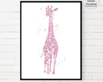 Giraffe pink PRINTABLE Giraffe Art Watercolor print, Safari Art, Giraffe Print, baby girl nursery, Animal Art, Cute Baby giraffe Pink decor