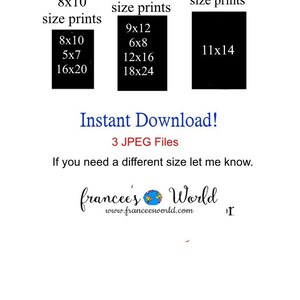 Puede incluir: Una lista de descarga digital para tama&ntilde;os de fotos imprimibles, incluyendo 8x10, 9x12, 11x14, 5x7, 6x8, 12x16, 16x20 y 18x24 pulgadas. La lista incluye 3 archivos JPEG. El texto "Descarga instant&aacute;nea!" y "Si necesitas un tama&ntilde;o diferente, h&aacute;zmelo saber." tambi&eacute;n est&aacute; incluido en la imagen.
