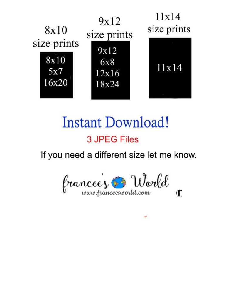 Puede incluir: Una lista de descarga digital para tama&ntilde;os de fotos imprimibles, incluyendo 8x10, 9x12, 11x14, 5x7, 6x8, 12x16, 16x20 y 18x24 pulgadas. La lista incluye 3 archivos JPEG. El texto "Descarga instant&aacute;nea!" y "Si necesitas un tama&ntilde;o diferente, h&aacute;zmelo saber." tambi&eacute;n est&aacute; incluido en la imagen.