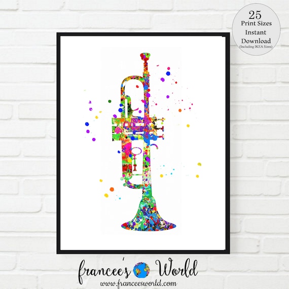 Musical horns, musical instrument, trumpet print, jazz wall decor, jazz music, trumpet, PRINTABLE, wall art, music decor, Instant Download Il_570xn