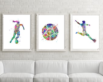 Láminas de acuarela de fútbol femenino, juego de 3 (descarga digital)