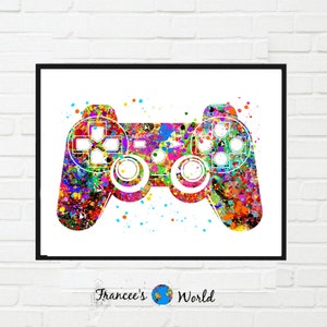 May include: A colorful watercolor painting of a video game controller. The controller is outlined in white and has a rainbow of colors splattered around it.