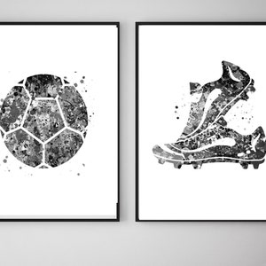 Fußball und Fußballschuhe Print-Set, schwarzweiß Fußball druckbare Kunst, Fußball Poster, Sportkunst, Teenager-Mädchen, Fußballspieler Geschenk