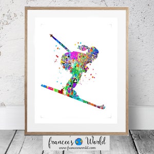 K&ouml;nnte beinhalten: Ein farbenfrohes Aquarellbild eines Skifahrers in der Luft, mit Spritzern von rosa, blau, gr&uuml;n, gelb und orangefarbener Farbe.