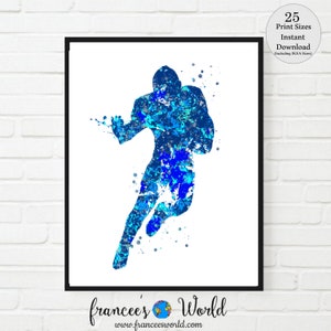 Football player Print, Running back Football Watercolor, American football, printable, art, boys room decor, blue football, football poster