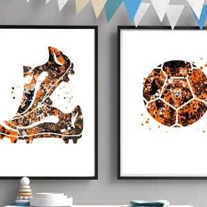 Soccer ball and Soccer shoes print set, orange Soccer printable art, Soccer posters, Sport art, teen girl room, orange soccer player gift