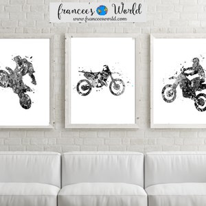 Motocross Print Dirt Bike Black & White Printable, Set of 3 Watercolor, Boys room art, Motorcross gift,Bike Motorbike Stunt Racer, sport art