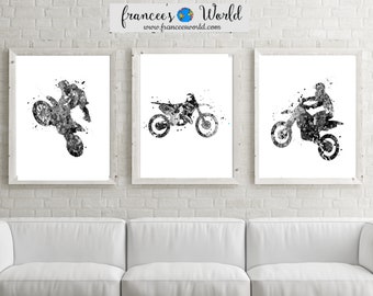 Motocross Print Dirt Bike Black & White Printable, Set of 3 Watercolor, Boys room art, Motorcross gift,Bike Motorbike Stunt Racer, sport art