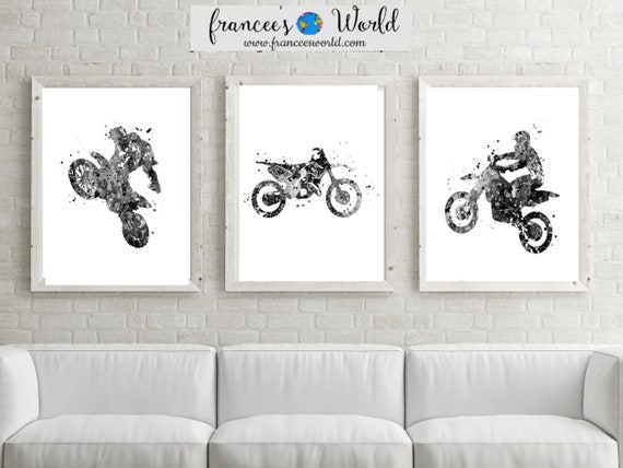 Motocross Print Dirt Bike Black & White Printable, Set of 3 Watercolor, Boys room art, Motorcross gift,Bike Motorbike Stunt Racer, sport art Il_570xn