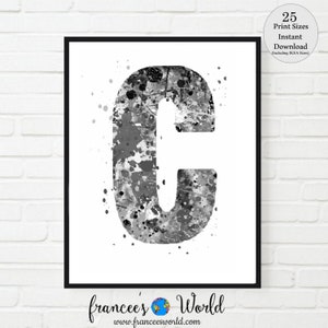 Lettre C, noir et blanc, lettre art, impression lettre C, IMPRIMABLE, lettre C aquarelle, lettre C chambre d'enfant, lettre C monogramme, lettre C initiale