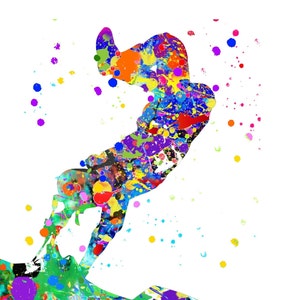 May include: A colorful abstract silhouette of a person performing a stunt on a skateboard. The image is created with a splatter paint effect, with various colors like blue, green, red, yellow, and purple.