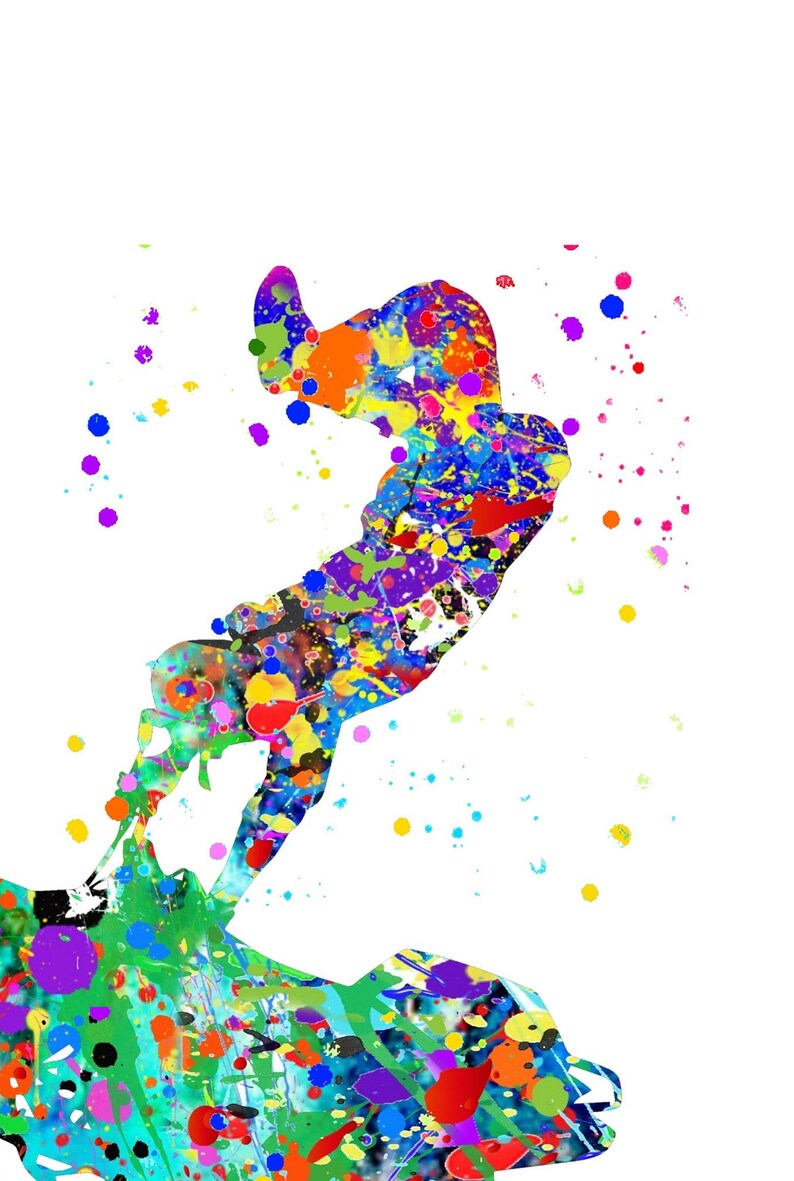 May include: A colorful abstract silhouette of a person performing a stunt on a skateboard. The image is created with a splatter paint effect, with various colors like blue, green, red, yellow, and purple.