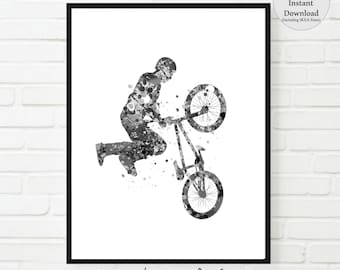 Trial Cyclist Print  black and white, trial Bike Printable, Watercolor Art, Mountain Bike boy room art ,Sport Bike Stunt Racing, cyclist