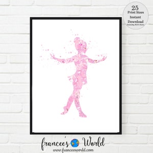 May include: A pink watercolor silhouette of a ballerina with arms outstretched, on a white background. The image has a splatter effect, giving it a whimsical feel. The text "frances' World" is at the bottom of the image.