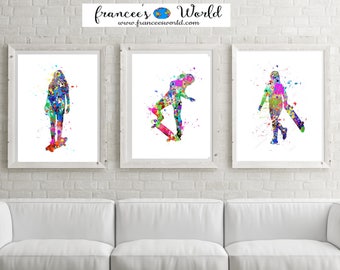 Skateboard-Girl Skateboarder Gift-3 prints-Skateboard Poster-Girl Skateboard-Girl Skateboard-teen Dorm art-girls room-skateboard PRINTABLE