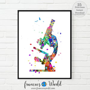 Può includere: Un'illustrazione ad acquerello colorata di un microscopio con schizzi di vernice sullo sfondo. L'immagine è incorniciata e ha il testo "frances' World" e un indirizzo del sito web in basso.