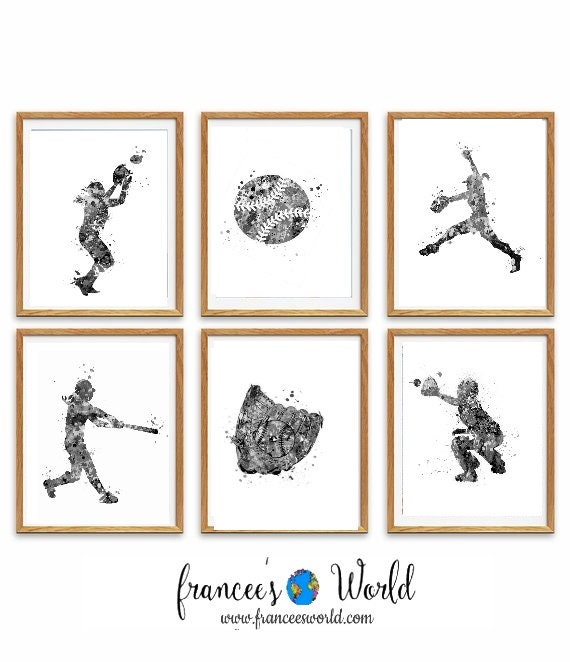 Softball PRINTS, Set of 6 Softball, PRINTABLE, Black and White , softball posters, softball gift idea Art, Softball Art, Softball Dorm Decor