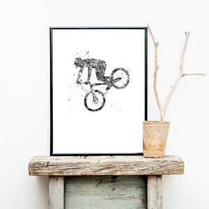 Trial Cyclist Print trial Bike Printable, black and white, Watercolor Art, Mountain Bike boy room art ,Sport Bike Stunt Racing, cyclist image 2