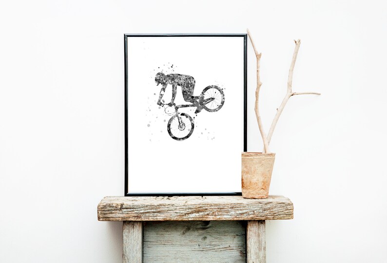 Trial Cyclist Print trial Bike Printable, black and white, Watercolor Art, Mountain Bike boy room art ,Sport Bike Stunt Racing, cyclist image 2