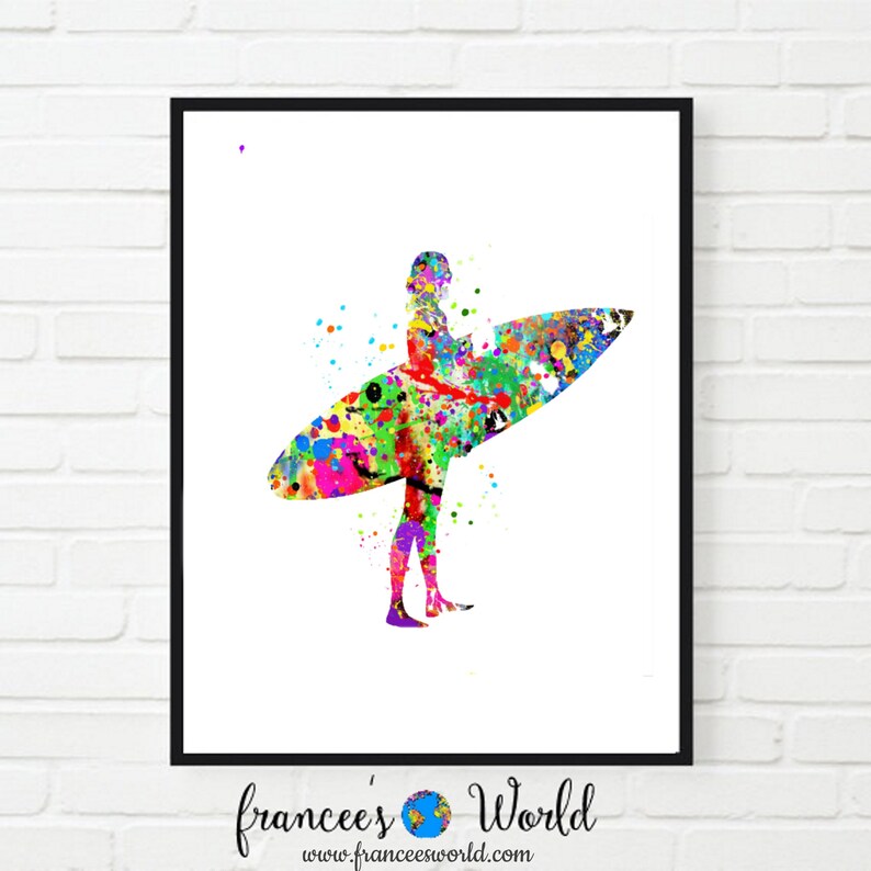Puede incluir: Una pintura acuarela colorida de una persona surfeando. La pintura est&aacute; hecha en un estilo de salpicadura con colores brillantes como rosa, azul, verde, amarillo y naranja.