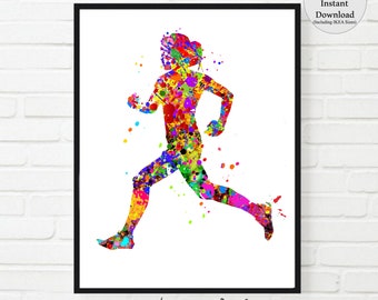 Può includere: Un'illustrazione ad acquerello colorata di una persona che corre. L'illustrazione è in una varietà di colori, tra cui rosso, arancione, giallo, verde, blu e viola. La persona sta correndo con le braccia distese e le gambe che si muovono rapidamente. Lo sfondo è bianco.