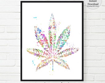Marijuana print, marijuana watercolor Printable, marijuana decor, marijuana leaf, Instant download, t shirt transfer, marijuana pngwall art