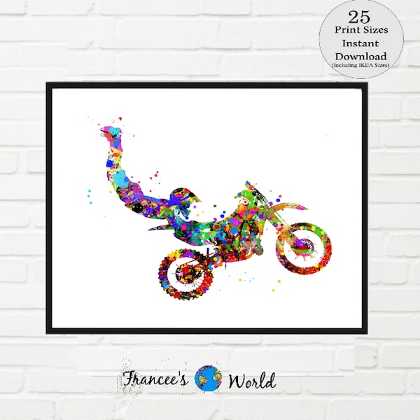 Motocross Dirt Bike Printable,Watercolor Print Motorcycle,Sport Bike Motorbike Stunt Racing Bike Extreme Sport, Sports Poster, Motocross