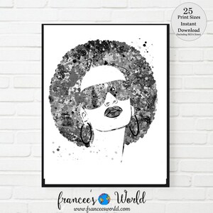 Afro Woman print, black and white African American, afro, Black woman art, afro hair, pop art, Watercolor,PRINTABLE, Black woman, sunglasses