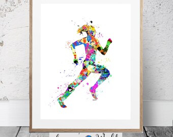 Può includere: Un dipinto ad acquerello colorato di un corridore in movimento. La silhouette del corridore è piena di schizzi di colori vivaci, tra cui rosa, blu, verde, giallo e arancione.