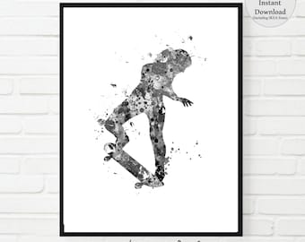 Skateboard Girl Watercolor Art Print, Teen Room Decor (Digital Download)