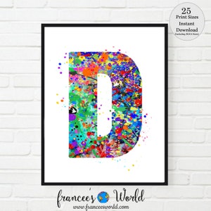 Decoração de dormitório com letra D, arte com letras, impressão com letra D, IMPRIMÍVEL, aquarela com letra D, berçário com letra D, monograma com letra D, inicial com letra D, D