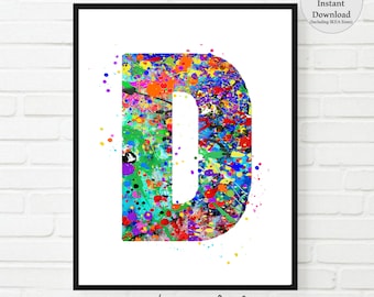 Letter D Watercolor Print: Colorful Monogram Initial (Digital Download)