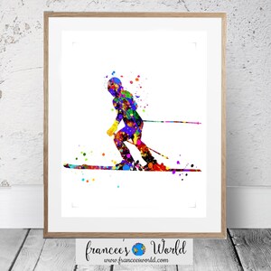 K&ouml;nnte beinhalten: Ein farbenfrohes Aquarellbild eines Skifahrers in der Luft, mit Farbspritzern, die die Geschwindigkeit und Bewegung des Skifahrers darstellen.
