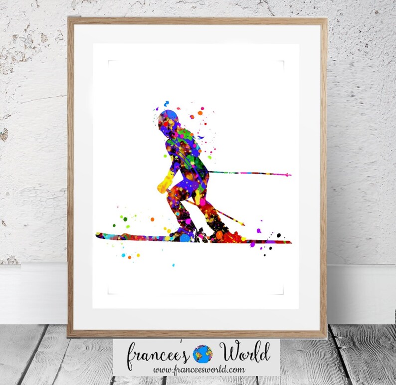 K&ouml;nnte beinhalten: Ein farbenfrohes Aquarellbild eines Skifahrers in der Luft, mit Farbspritzern, die die Geschwindigkeit und Bewegung des Skifahrers darstellen.