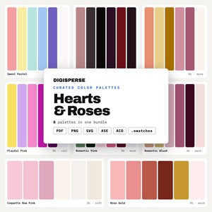 Op de afbeelding: Een digitaal pakket met acht samengestelde kleurenpaletten genaamd Hearts & Roses van Digisperse. De collectie bevat diverse stalen in roze, rode, gouden en neutrale tinten, beschikbaar in PDF, PNG, SVG, ASE, ACO en .swatches bestandsformaten.