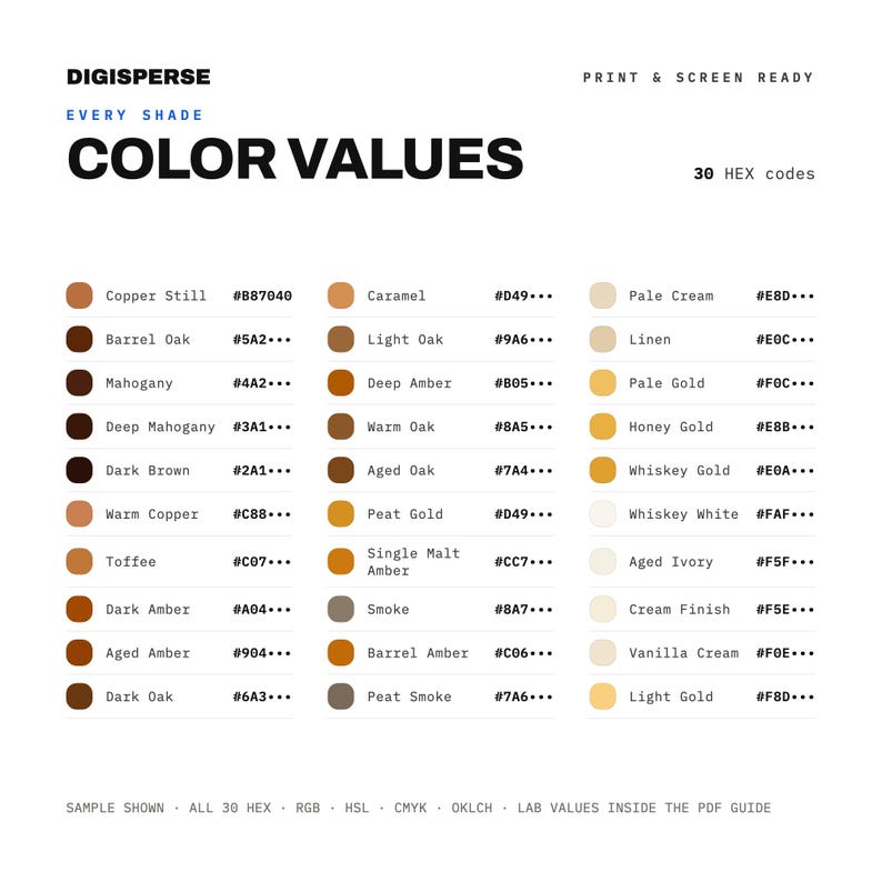 Whiskey Color Guide Aged Whiskey Color Palette | 30 Colors | Hex RGB CMYK | Color Guide ...