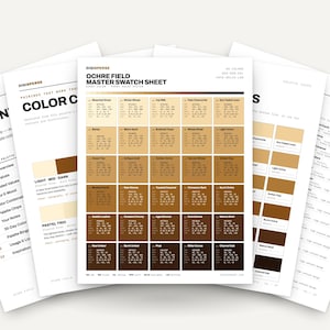 Può includere: Una guida di riferimento colore multipagina intitolata Ochre Field Master Swatch Sheet. Il documento mostra una griglia di 30 quadrati di colore marrone e beige, ciascuno etichettato con un nome e i relativi codici colore HEX, RGB, HSL, CMYK e LAB.