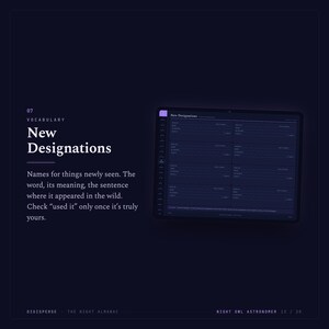 May include: A dark blue digital interface titled 07 Vocabulary New Designations. It features a list of fields for recording words, meanings, and sentences, with a checkbox for used it. The text includes Digisperse, The Night Almanac, and Night Owl Astronomer.
