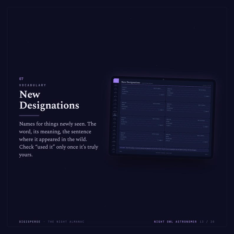 May include: A dark blue digital interface titled 07 Vocabulary New Designations. It features a list of fields for recording words, meanings, and sentences, with a checkbox for used it. The text includes Digisperse, The Night Almanac, and Night Owl Astronomer.